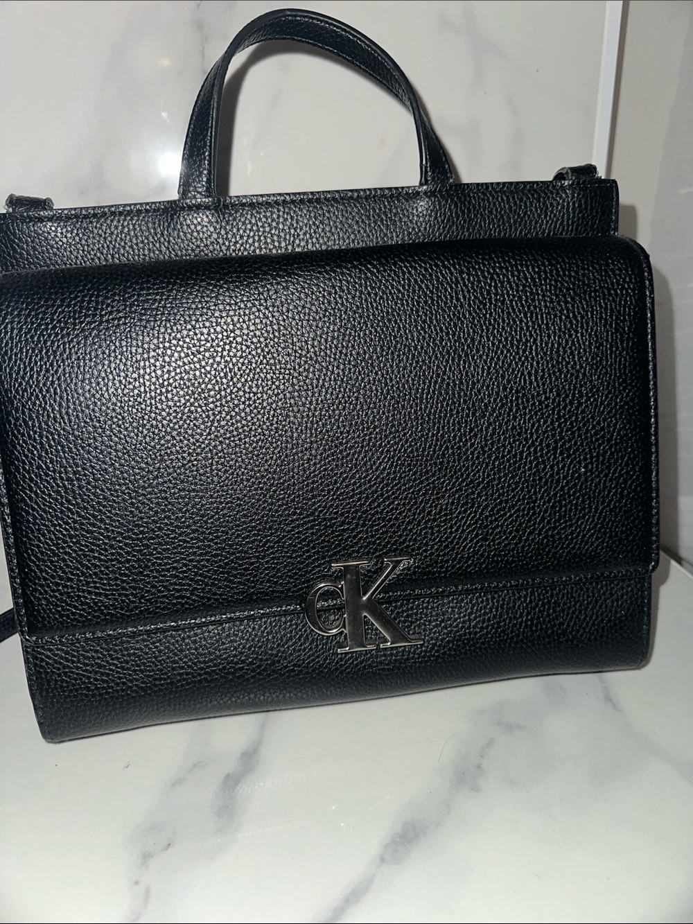 Calvin Klein Black Pebbled Leather Satchel with CK Logo